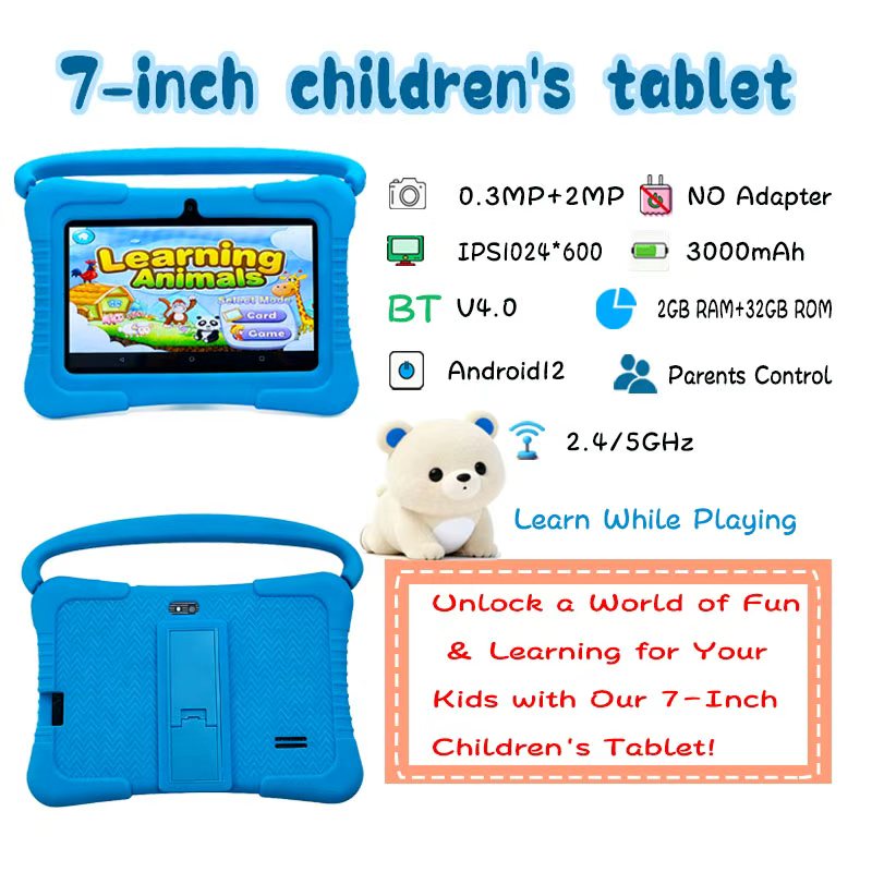 Enlighten Learning Q8 Kids Tablet PC 7 Inch HD Screen Android 14 2GB+32GB Quad Core Parental Control Preloaded Educational Apps Shockproof Children Tablet
