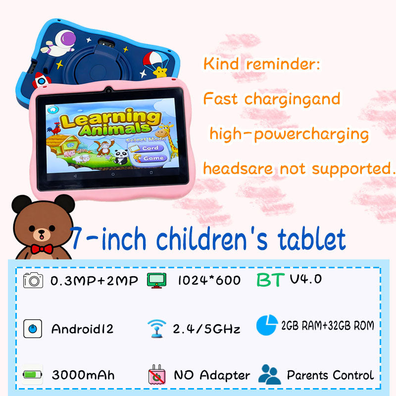 Enlighten Learning Q8 Kids Tablet PC 7 Inch HD Screen Android 14 2GB+32GB Quad Core Parental Control Preloaded Educational Apps Shockproof Children Tablet
