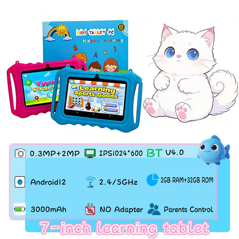 Enlighten Learning Q8 Kids Tablet PC 7 Inch HD Screen Android 14 2GB+32GB Quad Core Parental Control Preloaded Educational Apps Shockproof Children Tablet