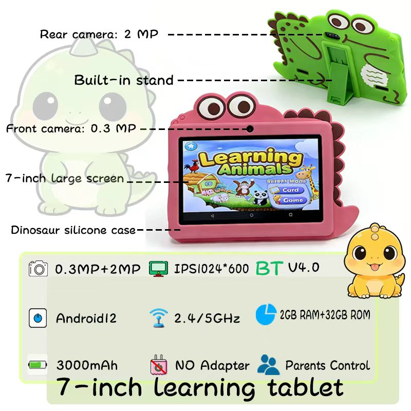 Enlighten Learning Q8 Kids Tablet PC 7 Inch HD Screen Android 14 2GB+32GB Quad Core Parental Control Preloaded Educational Apps Shockproof Children Tablet